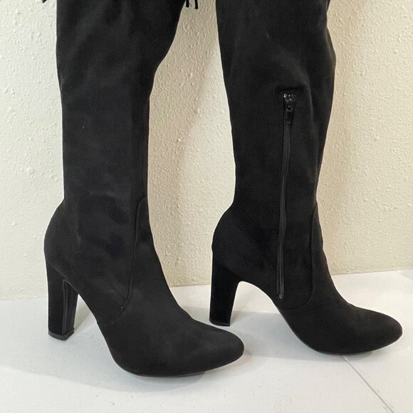 Unisa Black Faux Suede Over-The-Knee Boots With Side Zipper & Drawstring - Picture 6 of 12